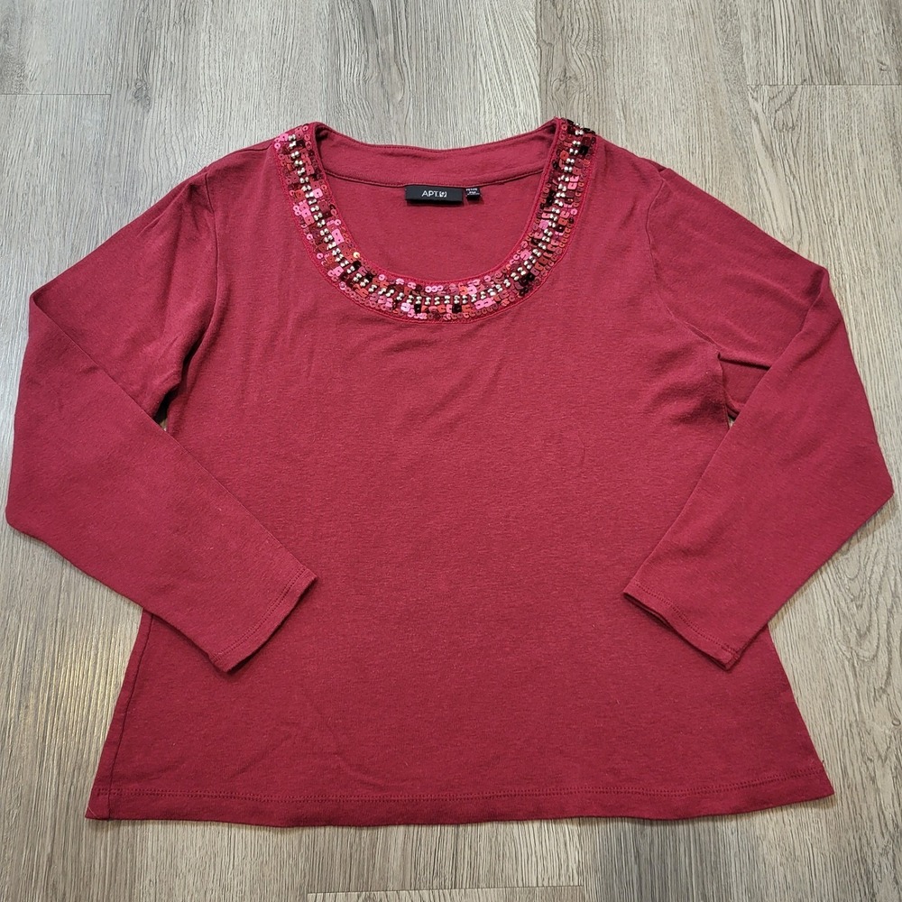 Apt. 9 Petite M Women's Long Sleeve Blouse Sequins /Beaded Cherry Red
